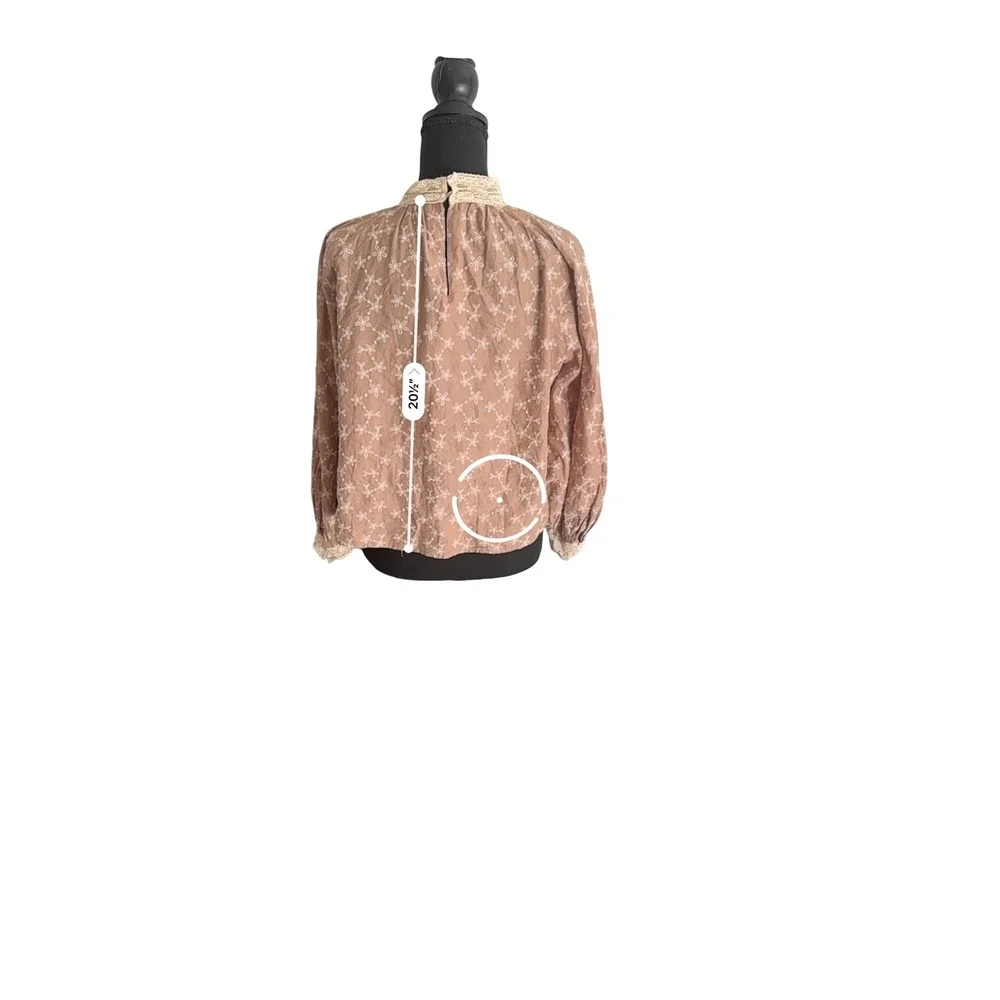 ZARA Mock Neck‎ Embroidered Lace Blouse Women XS Brown Long Sleeve Button Back